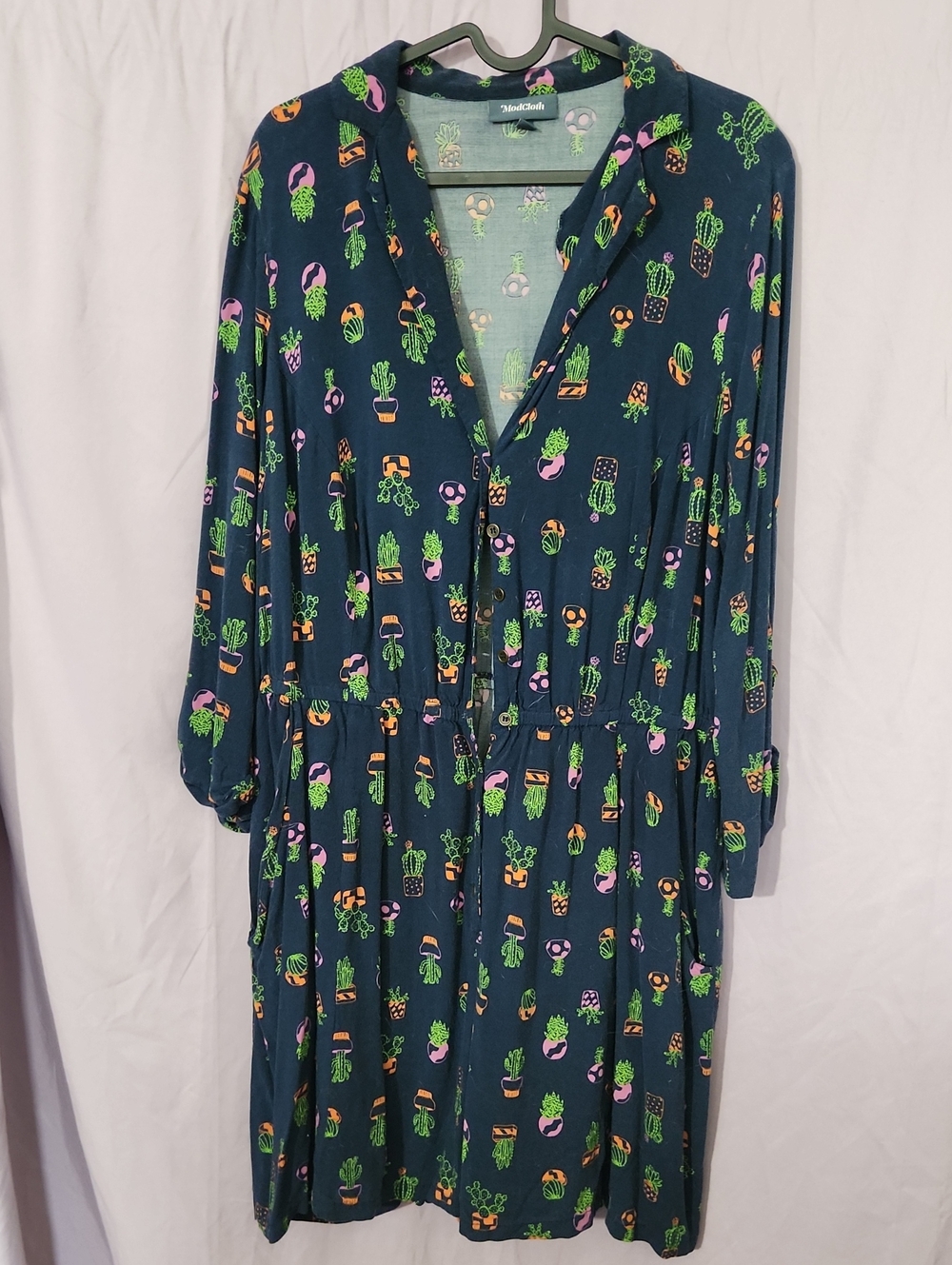 ModCloth Navy Long-Sleeve Button-Front Plant Print Romper